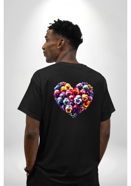 Menekşe Mavi Menekşe Aşkı Siyah Oversize Kadın Erkek Ön ve Sırt Baskılı Tişört indirimleri