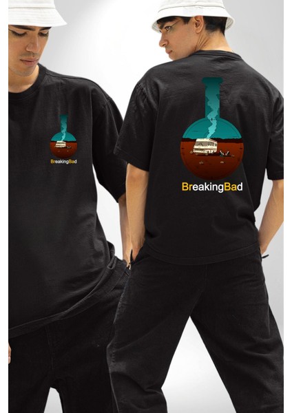 Breaking Bad Kimya Flask Siyah Oversize Kadın Erkek Ön ve Sırt Baskılı Tişört