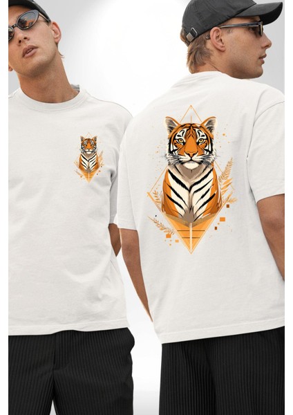 Kaplan Sanatsal Beyaz Oversize Kadın Erkek Ön ve Sırt Baskılı Tişört