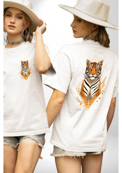 Kaplan Sanatsal Beyaz Oversize Kadın Erkek Ön ve Sırt Baskılı Tişört fırsatları