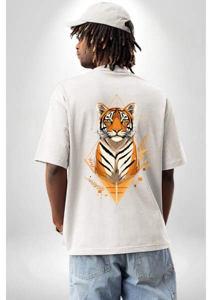 Kaplan Sanatsal Beyaz Oversize Kadın Erkek Ön ve Sırt Baskılı Tişört indirimleri