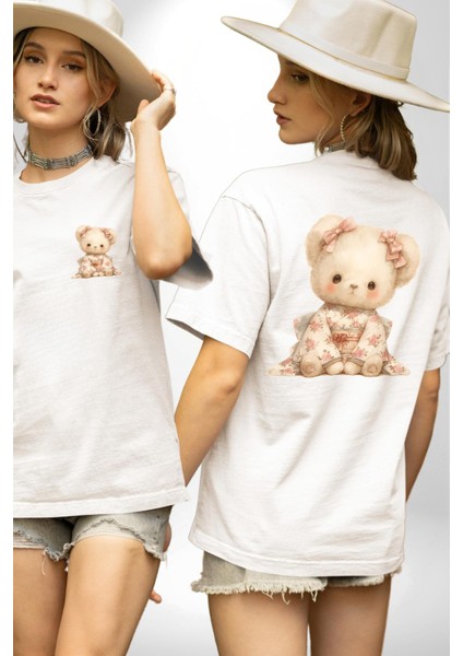 Çiçek Desenli Kawaii Ayıcık Beyaz Oversize Kadın Erkek Ön ve Sırt Baskılı Tişört