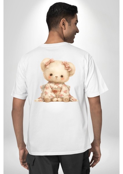 Çiçek Desenli Kawaii Ayıcık Beyaz Oversize Kadın Erkek Ön ve Sırt Baskılı Tişört fiyatları
