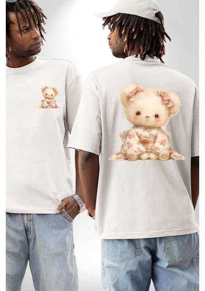 Çiçek Desenli Kawaii Ayıcık Beyaz Oversize Kadın Erkek Ön ve Sırt Baskılı Tişört fırsatları