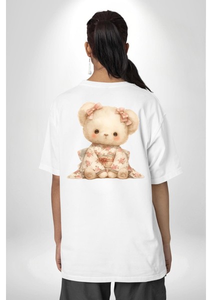 Çiçek Desenli Kawaii Ayıcık Beyaz Oversize Kadın Erkek Ön ve Sırt Baskılı Tişört indirimleri