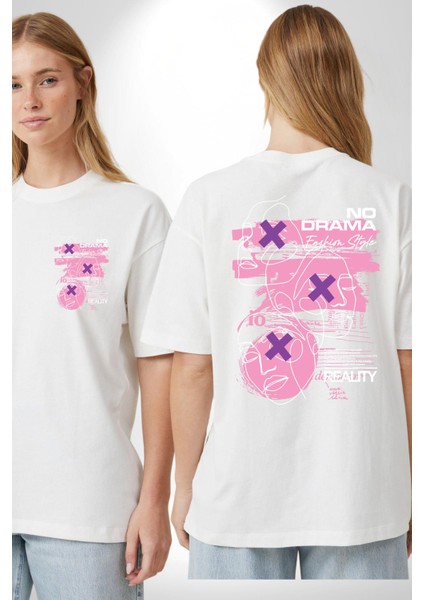Drama Olmadan Moda Beyaz Oversize Kadın Erkek Ön ve Sırt Baskılı Tişört