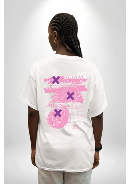 Drama Olmadan Moda Beyaz Oversize Kadın Erkek Ön ve Sırt Baskılı Tişört fiyatları