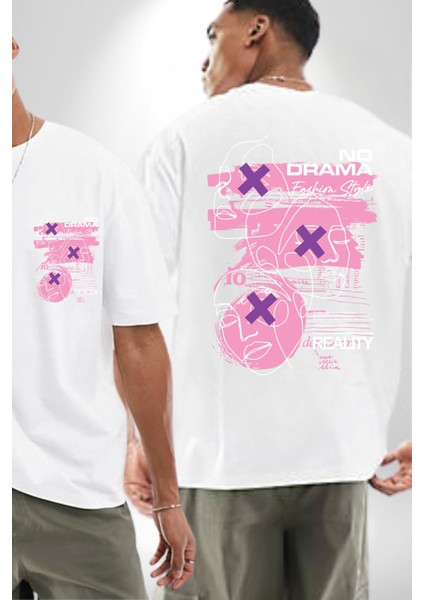 Drama Olmadan Moda Beyaz Oversize Kadın Erkek Ön ve Sırt Baskılı Tişört fırsatları