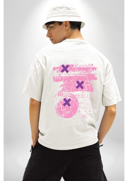 Drama Olmadan Moda Beyaz Oversize Kadın Erkek Ön ve Sırt Baskılı Tişört indirimleri
