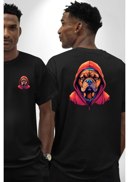 Cool Gangster Zincirli Kapüşonlu Köpek Siyah Oversize Kadın Erkek Ön ve Sırt Baskılı Tişört