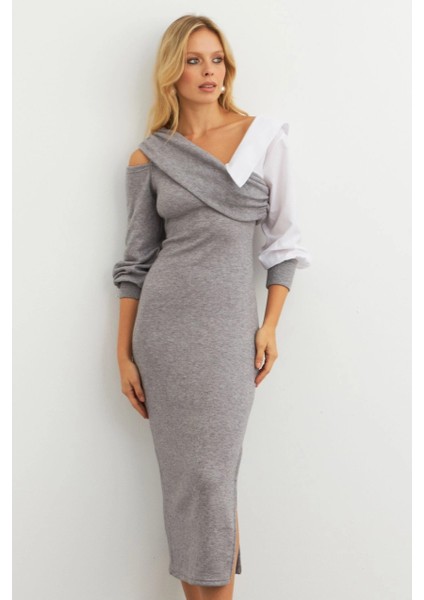 Kadın Gri Blok Kumaşlı Asimetrik Yaka Maxi Elbise KED4469