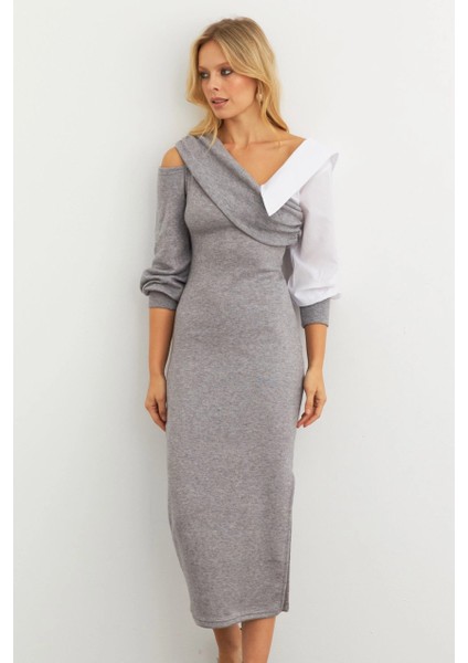 Kadın Gri Blok Kumaşlı Asimetrik Yaka Maxi Elbise KED4469 fiyatları