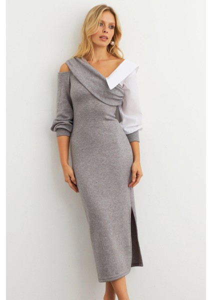 Kadın Gri Blok Kumaşlı Asimetrik Yaka Maxi Elbise KED4469 modelleri