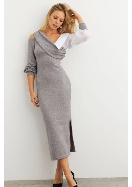 Kadın Gri Blok Kumaşlı Asimetrik Yaka Maxi Elbise KED4469 fırsatları