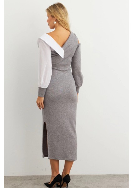 Kadın Gri Blok Kumaşlı Asimetrik Yaka Maxi Elbise KED4469 indirimleri