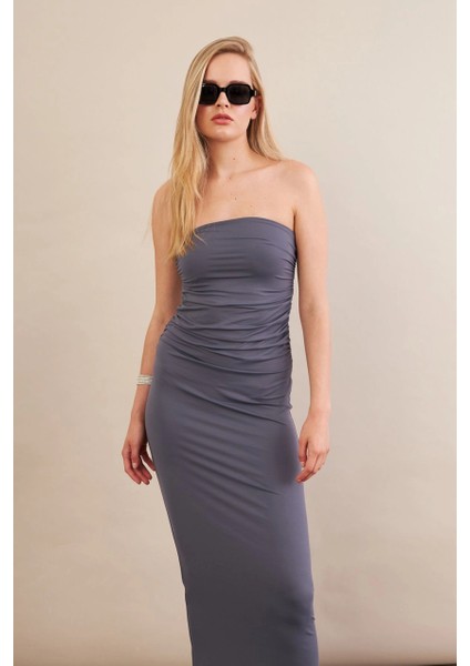 Kadın İndigo Straplez Büzgülü Midi Elbise MX2005