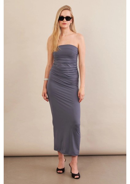Kadın İndigo Straplez Büzgülü Midi Elbise MX2005 fiyatları