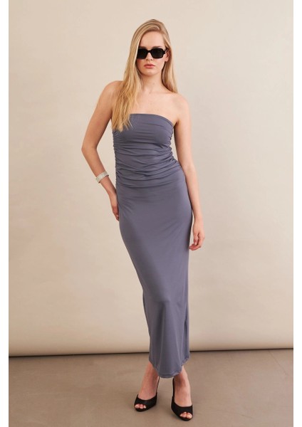 Kadın İndigo Straplez Büzgülü Midi Elbise MX2005 fırsatları