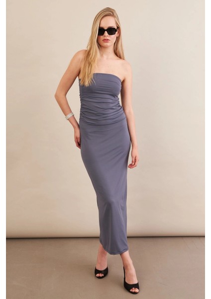 Kadın İndigo Straplez Büzgülü Midi Elbise MX2005 indirimleri