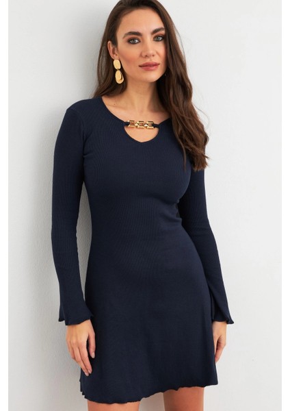 Kadın Lacivert Yakası Aksesuarlı Mini Elbise FRY2267 modelleri