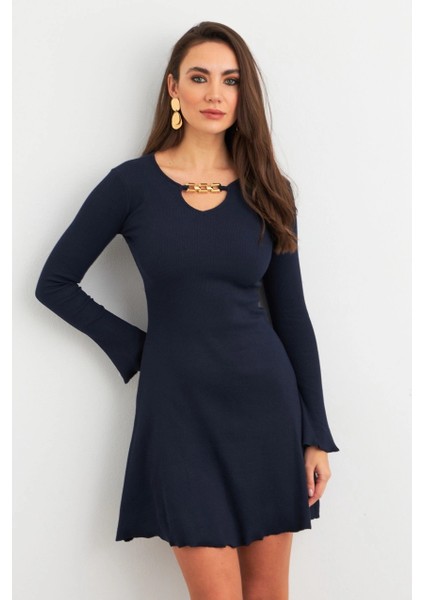 Kadın Lacivert Yakası Aksesuarlı Mini Elbise FRY2267 fırsatları