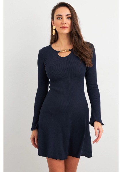Kadın Lacivert Yakası Aksesuarlı Mini Elbise FRY2267 indirimleri