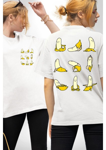 Zen Muzlar Muz Yoga Seris Yoga Peel Beyaz Oversize Kadın Erkek Ön ve Sırt Baskılı Tişört