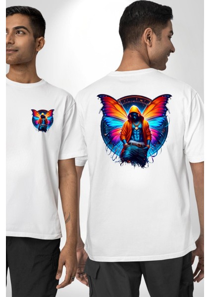 Kelebek Kanatlı Modern Genç Tasarımı Beyaz Oversize Kadın Erkek Ön ve Sırt Baskılı Tişört