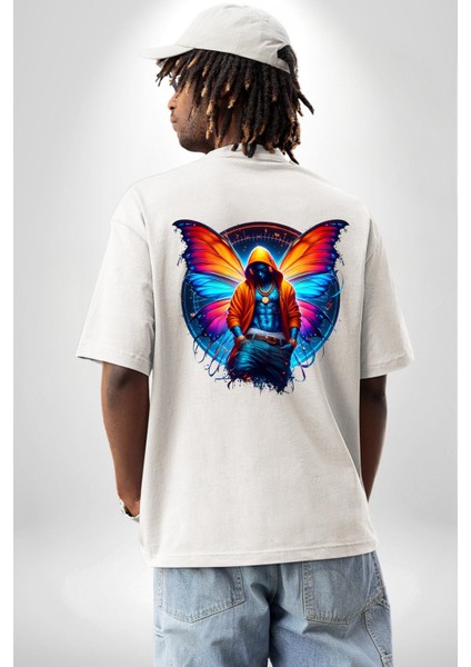Kelebek Kanatlı Modern Genç Tasarımı Beyaz Oversize Kadın Erkek Ön ve Sırt Baskılı Tişört fiyatları