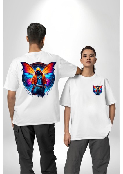 Kelebek Kanatlı Modern Genç Tasarımı Beyaz Oversize Kadın Erkek Ön ve Sırt Baskılı Tişört fırsatları