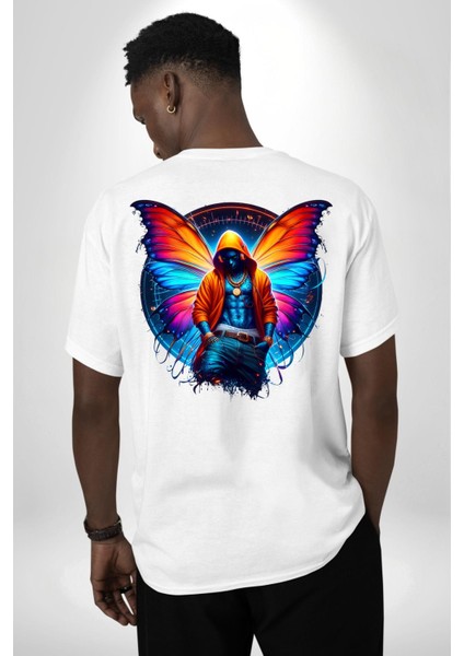 Kelebek Kanatlı Modern Genç Tasarımı Beyaz Oversize Kadın Erkek Ön ve Sırt Baskılı Tişört indirimleri