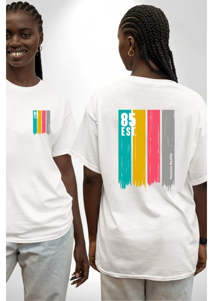 85 Est. Baskılı Renkli ve Enerjik Sokak Modası Beyaz Oversize Kadın Erkek Ön ve Sırt Baskılı Tişört