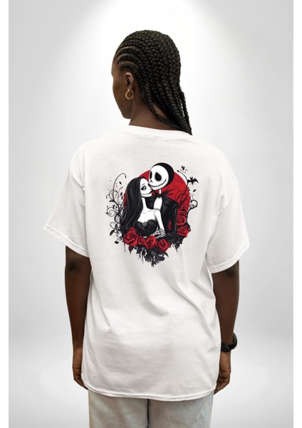 Korku ve Romantizm Temalı Jack & Sally Beyaz Oversize Kadın Erkek Ön ve Sırt Baskılı Tişört indirimleri