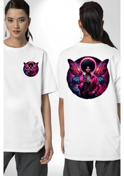 Pembe Parlak Kanatlı Beyaz Oversize Kadın Erkek Ön ve Sırt Baskılı Tişört