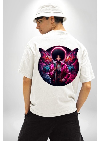 Pembe Parlak Kanatlı Beyaz Oversize Kadın Erkek Ön ve Sırt Baskılı Tişört fiyatları