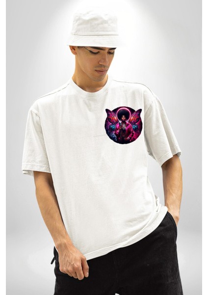 Pembe Parlak Kanatlı Beyaz Oversize Kadın Erkek Ön ve Sırt Baskılı Tişört modelleri