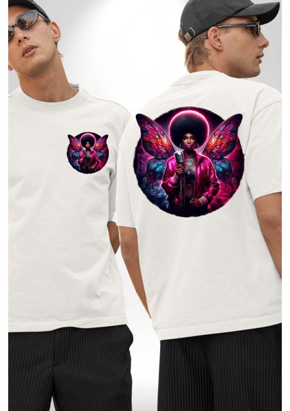 Pembe Parlak Kanatlı Beyaz Oversize Kadın Erkek Ön ve Sırt Baskılı Tişört fırsatları