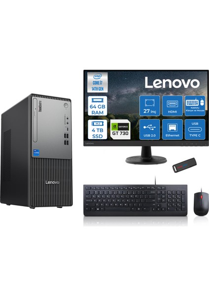 Thinkcentre Neo 50T Gen5 Intel Core I7 14700 64GB Ddr5 4tb SSD 27 Inç Monitör Freedos Nvidia GT730 4gb Masaüstü Bilgisayar 7302712UAS0GL00F25 + Zetta Flash Bellek