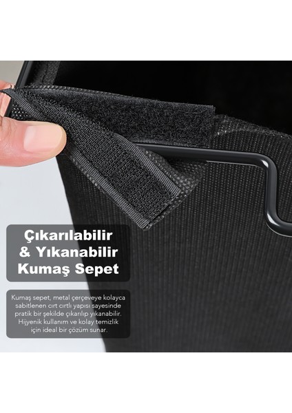 Ahşap Raflı Kirli Sepeti - 2 Bölmeli Banyo Düzenleyici Büyük Boy Kirli Çamaşır Sepeti 110 Lt Siyah