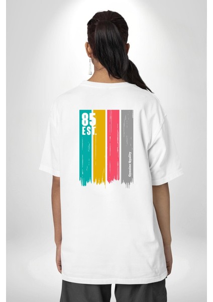 85 Est. Baskılı Renkli ve Enerjik Sokak Modası Beyaz Oversize Kadın Erkek Ön ve Sırt Baskılı Tişört fiyatları