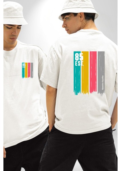 85 Est. Baskılı Renkli ve Enerjik Sokak Modası Beyaz Oversize Kadın Erkek Ön ve Sırt Baskılı Tişört fırsatları
