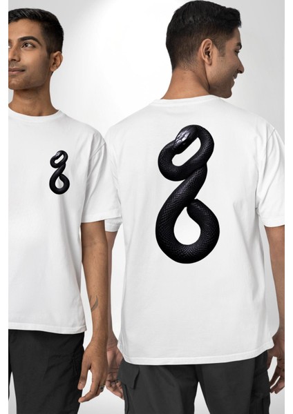 Beyaz Yılan Sanatsal Beyaz Oversize Kadın Erkek Ön ve Sırt Baskılı Tişört