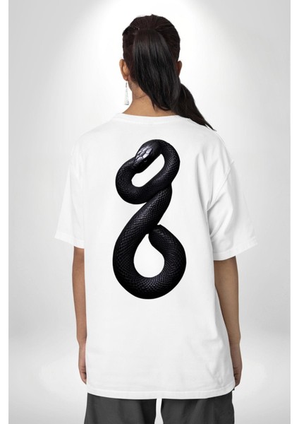 Beyaz Yılan Sanatsal Beyaz Oversize Kadın Erkek Ön ve Sırt Baskılı Tişört fiyatları