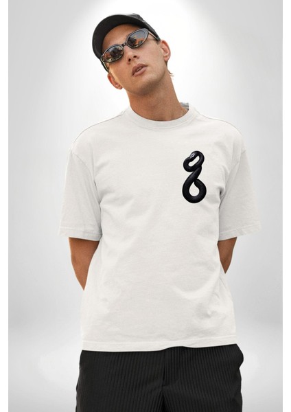 Beyaz Yılan Sanatsal Beyaz Oversize Kadın Erkek Ön ve Sırt Baskılı Tişört modelleri