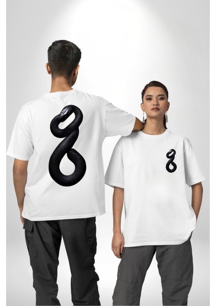 Beyaz Yılan Sanatsal Beyaz Oversize Kadın Erkek Ön ve Sırt Baskılı Tişört fırsatları