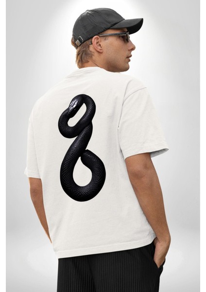 Beyaz Yılan Sanatsal Beyaz Oversize Kadın Erkek Ön ve Sırt Baskılı Tişört indirimleri