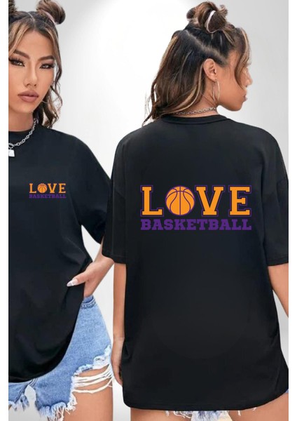 Basketbol Topu Ile Aşk Love Yazılı Siyah Oversize Kadın Erkek Ön ve Sırt Baskılı Tişört fırsatları