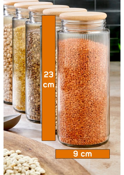6'lı Ahşap Vakum Kapaklı Çizgili Cam Kavanoz Erzak Bakliyat Saklama Kabı Seti 1350 ml modelleri