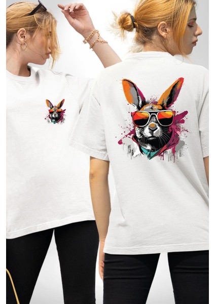 Güneş Gözlüklü Asi Tavşan Beyaz Oversize Kadın Erkek Ön ve Sırt Baskılı Tişört