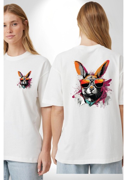 Güneş Gözlüklü Asi Tavşan Beyaz Oversize Kadın Erkek Ön ve Sırt Baskılı Tişört fırsatları